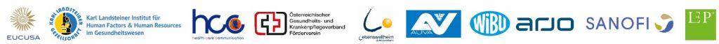 Banner mit Logos von EUCUSA, Karl Landsteiner Insitut, healt care communication, Österreichischer Gesundheits und Krankenpflegeverband Förderverein, lebensweltheim, AUVA, WiBU, arjo, SNOFI, LEP